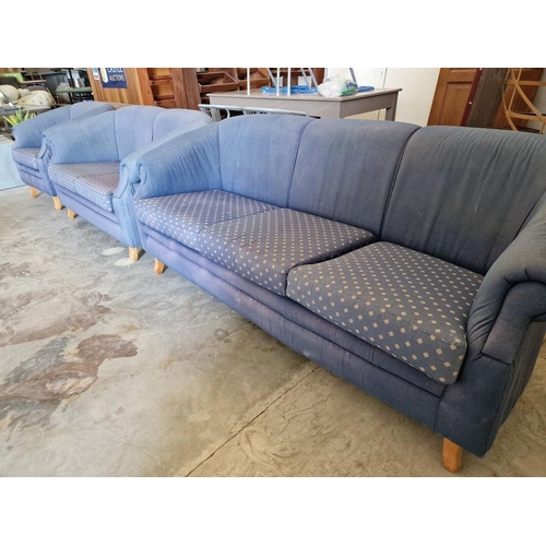 536 - Blue Fabric 3-Piece Suite; 3 Seater Sofa, 2 Seater Sofa and Matching Armchair over Wooden Legs, (3)