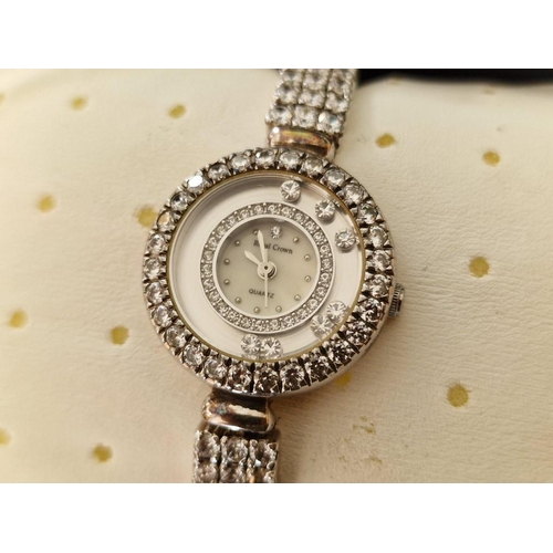 185 - Royal Crown Ladies Wrist Watch, (Model: 5308) with Silver Case & Strap Encrusted with Rhinestones an... 