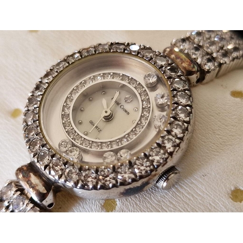 185 - Royal Crown Ladies Wrist Watch, (Model: 5308) with Silver Case & Strap Encrusted with Rhinestones an... 