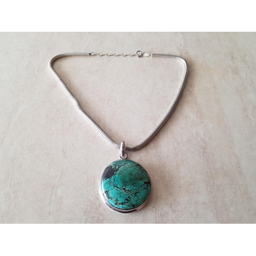 11 - Large Turquoise Round Pendant (Ø: 4cm), Set in Silver (.925 Cyprus Hallmarked), Total Weight 20.80gr... 