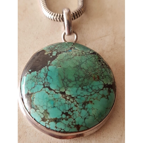 11 - Large Turquoise Round Pendant (Ø: 4cm), Set in Silver (.925 Cyprus Hallmarked), Total Weight 20.80gr... 