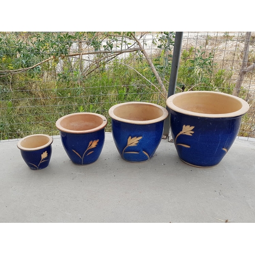 41 - Set of 4 x Matching Ceramic Navy Blue Plant Pots with Leaf Pattern (Ø38cm x H:31cm, Ø31cm x H:26cm, ... 