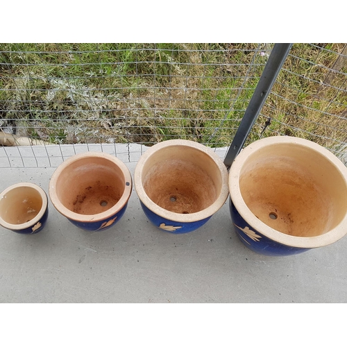41 - Set of 4 x Matching Ceramic Navy Blue Plant Pots with Leaf Pattern (Ø38cm x H:31cm, Ø31cm x H:26cm, ... 