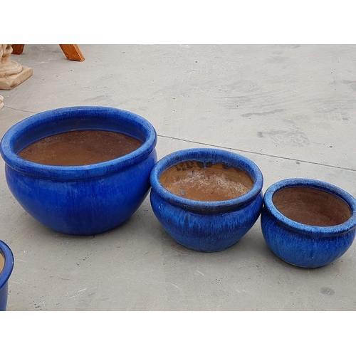 42 - Set of 3 x Blue Ceramic Plant Pots in Different Sizes (Ø44cm x H:27.5cm, Ø31cm x H:20cm and Ø25cm x ... 