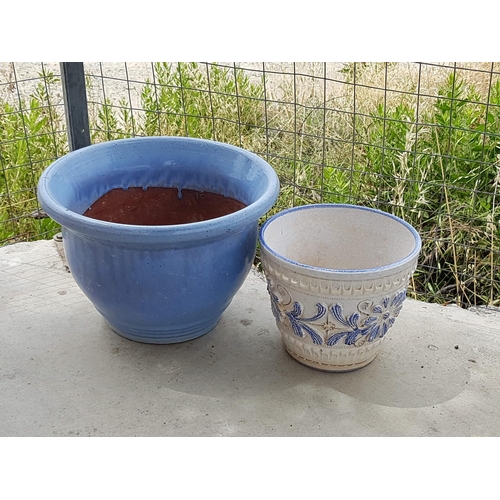 50 - 1 x Large Blue Ceramic Plant Pot (Ø37cm x H:25cm) and White With Blue Flowers Pattern (Ø23.5cm x H:2... 