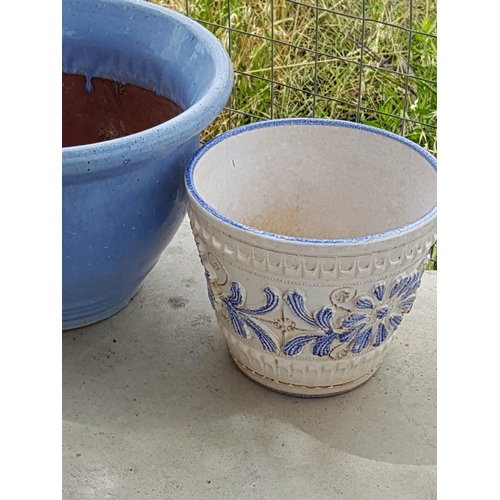 50 - 1 x Large Blue Ceramic Plant Pot (Ø37cm x H:25cm) and White With Blue Flowers Pattern (Ø23.5cm x H:2... 