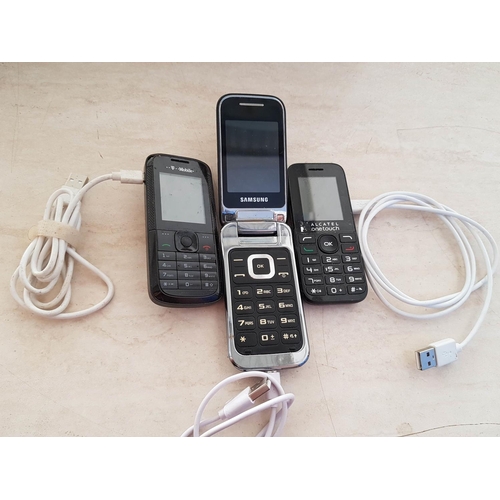 512 - Retro Style 3 x Mobile Phones inc; Samsung, Alcatel One Touch, T-Mobile with Chargers (Un-Tested)