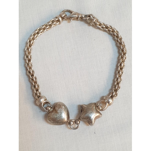 545 - Sterling Silver Hallmarked Ladies Bracelet Heart & Star Themed, Total Weight 17.2grms