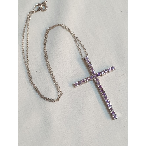 553 - Sterling Silver Hallmarked .925 Cross on Sterling Chain Lilac Stones, Total Weight 6grms