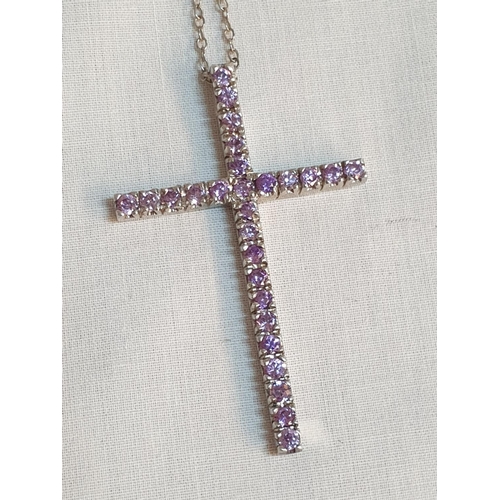 553 - Sterling Silver Hallmarked .925 Cross on Sterling Chain Lilac Stones, Total Weight 6grms