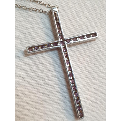 553 - Sterling Silver Hallmarked .925 Cross on Sterling Chain Lilac Stones, Total Weight 6grms