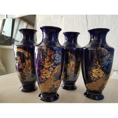 580 - 4 x Oriental Cobalt Blue Vases with Peacock and Pheasant Birds Pattern (H:25cm each)