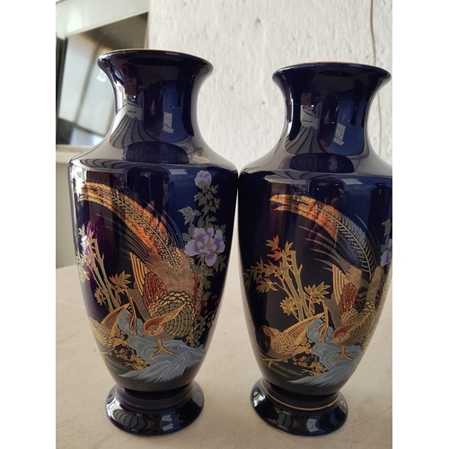 580 - 4 x Oriental Cobalt Blue Vases with Peacock and Pheasant Birds Pattern (H:25cm each)