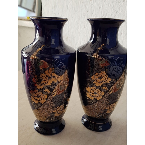 580 - 4 x Oriental Cobalt Blue Vases with Peacock and Pheasant Birds Pattern (H:25cm each)