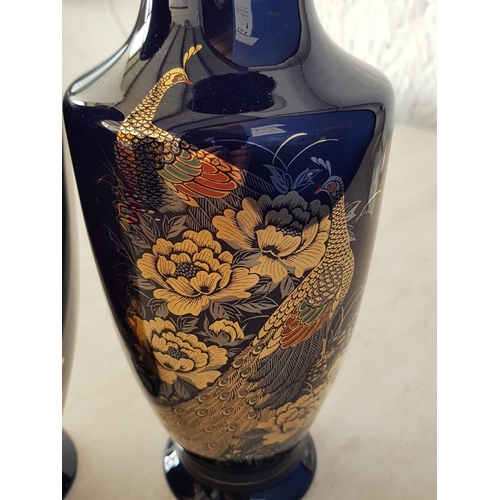 580 - 4 x Oriental Cobalt Blue Vases with Peacock and Pheasant Birds Pattern (H:25cm each)