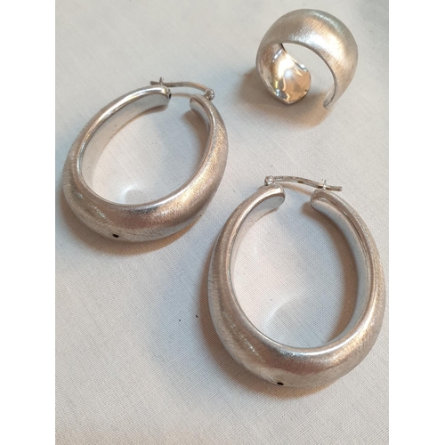 583 - Sterling Silver Hallmarked .925 Brushed Finished Ladies Earring / Ring Set, Italy, Total Weight 20.2... 