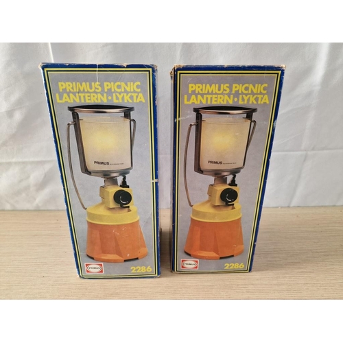 556 - 2 x Primus Picnic / Camping Lanterns with Boxes (One Glass A/F), (2)