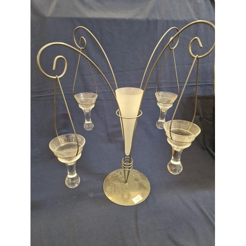 794 - Modern 4-Arm Hanging Glass Candle Holder with Central Conical Shape Vase, (small chip)