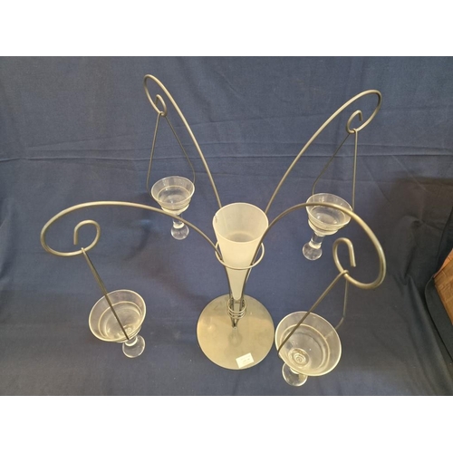 794 - Modern 4-Arm Hanging Glass Candle Holder with Central Conical Shape Vase, (small chip)