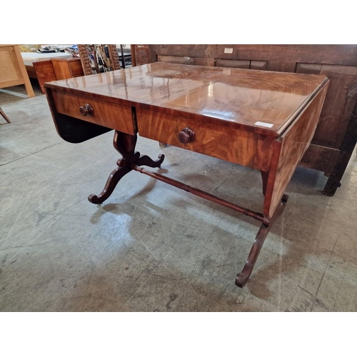 799 - Antique Regency Style Library Table with 2-Drawers, Drop Leaf Sides / Extension Over Shaped Legs wit... 