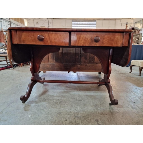 799 - Antique Regency Style Library Table with 2-Drawers, Drop Leaf Sides / Extension Over Shaped Legs wit... 