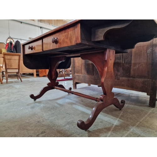 799 - Antique Regency Style Library Table with 2-Drawers, Drop Leaf Sides / Extension Over Shaped Legs wit... 