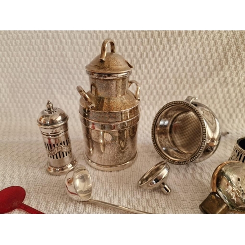 803 - Interesting Collection of Silver Plated and Other Items; Miniature Milk Churn, Strainer, Condiment D... 