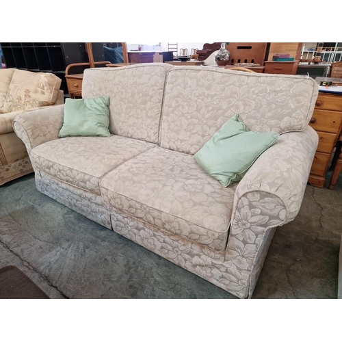 805 - Classical Style 2-Seater Cream Colour Floral Pattern Sofa with Pair of Pale Green Scatter Cushions