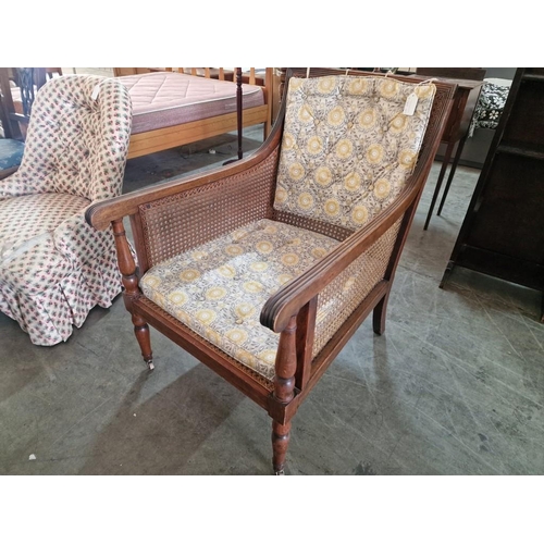 809 - Antique Wooden Armchair with Cane Seat, Backrest and Sides, Scroll Arms, Turned Front Legs with Cast... 