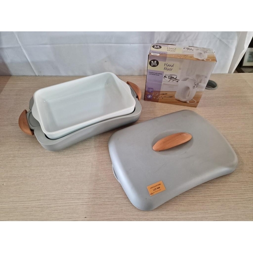 608 - White Ceramic Serving / Casserole Dish with Insulated Cover, Together with Hand Mixer in Box, (2)