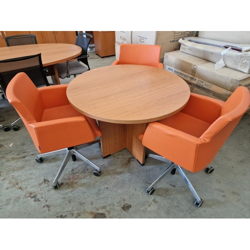 74 - Round Cherry Wood Colour Office Meeting Table, (Approx. Ø: 100cm, Together with 3 x 'Kaster' Orange ... 