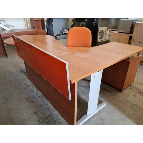 76 - Modern Cherry Wood Colour 'L' Shape / Corner Office Desk with Orange Colour Screen, Round Shape 'Mee... 