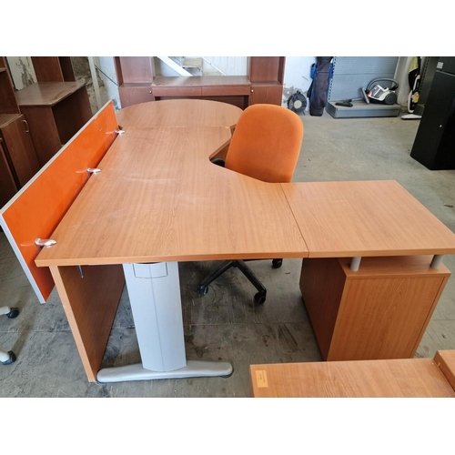 76 - Modern Cherry Wood Colour 'L' Shape / Corner Office Desk with Orange Colour Screen, Round Shape 'Mee... 