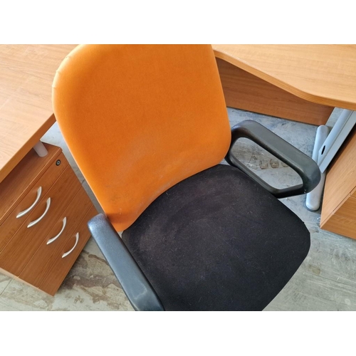 76 - Modern Cherry Wood Colour 'L' Shape / Corner Office Desk with Orange Colour Screen, Round Shape 'Mee... 