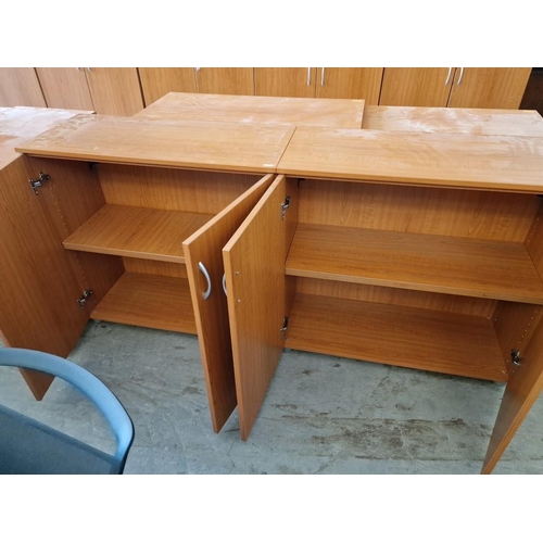 77 - 2 x Cherry Wood Colour Office Cupboards with Double Opening Doors and Internal Shelf, (Approx. 94 x ... 