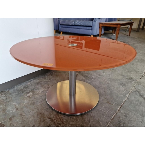 91 - Modern Round Orange Glass Top Coffee / Side Table with Stainless Steel Pedestal Leg, (Approx. Ø: 70c... 