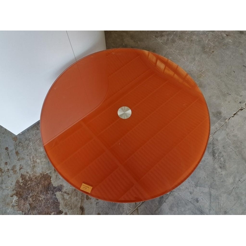 91 - Modern Round Orange Glass Top Coffee / Side Table with Stainless Steel Pedestal Leg, (Approx. Ø: 70c... 