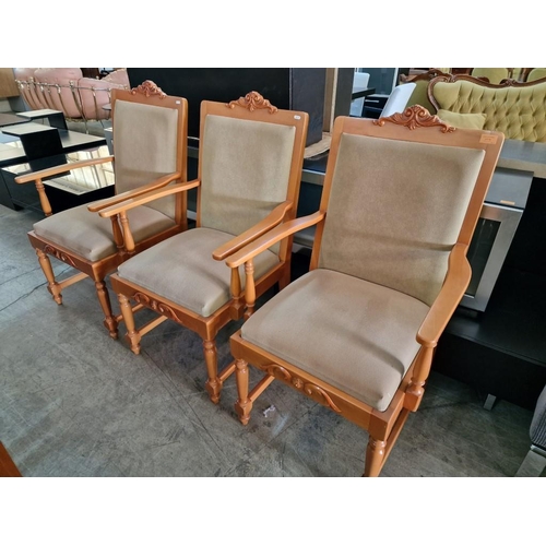 120A - Set of 3 x Classical Style Light Wood Arm Chairs with Carved Details and Beige Colour Padded Materia... 