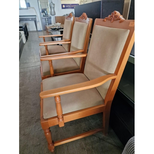 120A - Set of 3 x Classical Style Light Wood Arm Chairs with Carved Details and Beige Colour Padded Materia... 