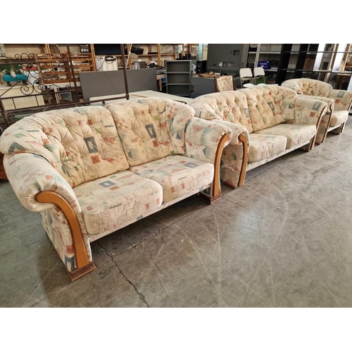 665 - Patterned Fabric 3-Piece Suite with Wooden Arm Fronts; 3 Seater and 2 Seater Sofas Plus Matching Arm... 