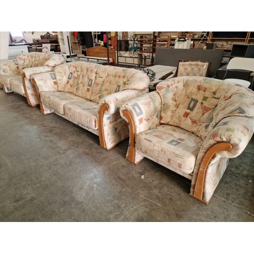 665 - Patterned Fabric 3-Piece Suite with Wooden Arm Fronts; 3 Seater and 2 Seater Sofas Plus Matching Arm... 