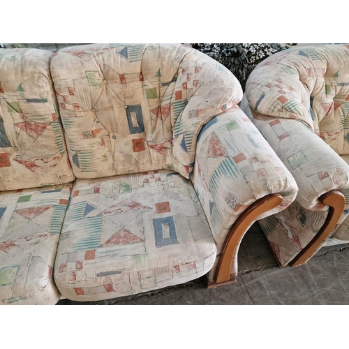 665 - Patterned Fabric 3-Piece Suite with Wooden Arm Fronts; 3 Seater and 2 Seater Sofas Plus Matching Arm... 