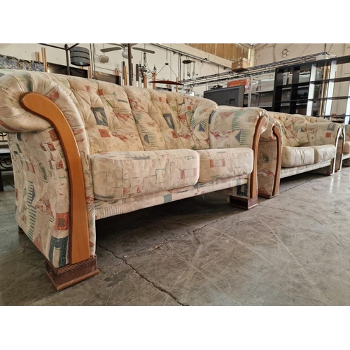 665 - Patterned Fabric 3-Piece Suite with Wooden Arm Fronts; 3 Seater and 2 Seater Sofas Plus Matching Arm... 