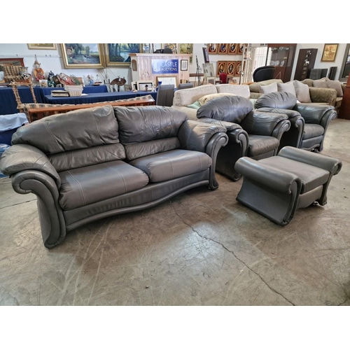 670 - Grey Leather 3-Piece Suite with Matching Footstool; 3-Seater Sofa and 2 x Armchairs with Scroll Arms... 