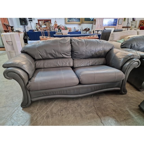 670 - Grey Leather 3-Piece Suite with Matching Footstool; 3-Seater Sofa and 2 x Armchairs with Scroll Arms... 