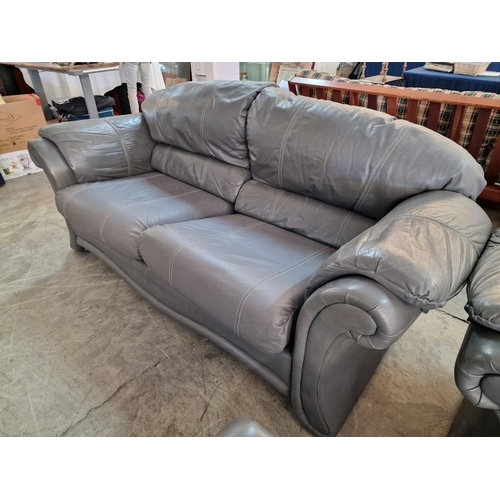 670 - Grey Leather 3-Piece Suite with Matching Footstool; 3-Seater Sofa and 2 x Armchairs with Scroll Arms... 