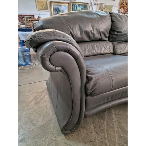 670 - Grey Leather 3-Piece Suite with Matching Footstool; 3-Seater Sofa and 2 x Armchairs with Scroll Arms... 