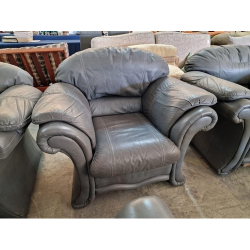 670 - Grey Leather 3-Piece Suite with Matching Footstool; 3-Seater Sofa and 2 x Armchairs with Scroll Arms... 