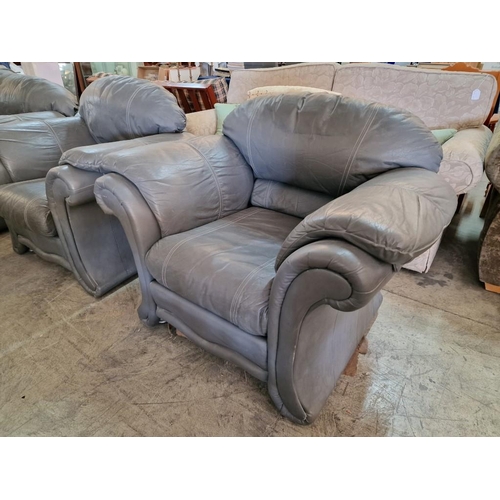 670 - Grey Leather 3-Piece Suite with Matching Footstool; 3-Seater Sofa and 2 x Armchairs with Scroll Arms... 