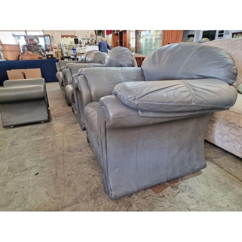 670 - Grey Leather 3-Piece Suite with Matching Footstool; 3-Seater Sofa and 2 x Armchairs with Scroll Arms... 